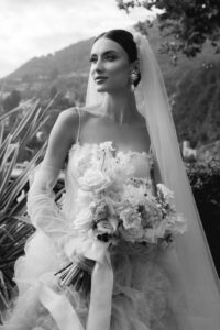 Black and white portrait of a luxury bride at Villa Pizzo in Lake Como, Italy